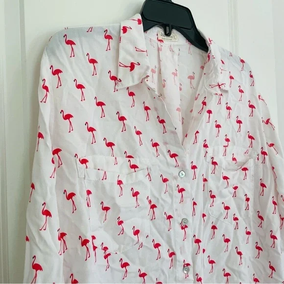 Just Living Flamingo Print Button Down Top Pink White Size L - Picture 3 of 15